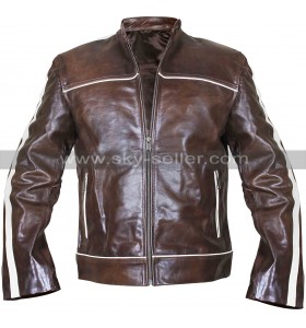 Copper Classic White Stripes Vintage Biker Brown Leather Jacket