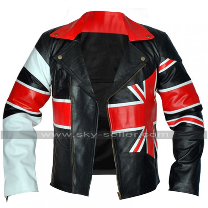 Cafe Racer UK Flag Vintage Brando British Biker Black Leather Jacket