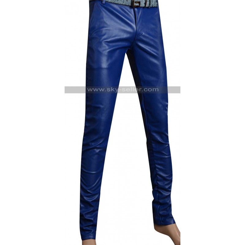 Black with Blue Stripes Leather Heavy Duty Bondage Pants Jeans - R2-BLU-BLK  - Leather Addicts