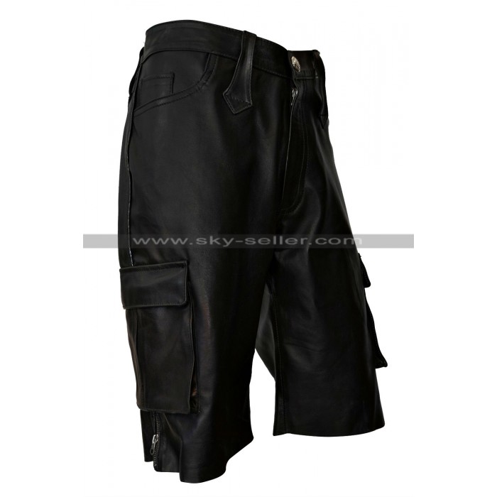 Men's Black Multi Pockets Leather Shorts