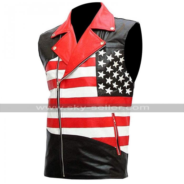 Sleeveless Brando Motorcycle Jacket Independence American Flag Biker Leather Vest
