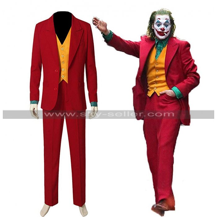 Mens Evil Clown Joaquin Phoenix Red Joker Costume Slim Fit 3 Piece Suit