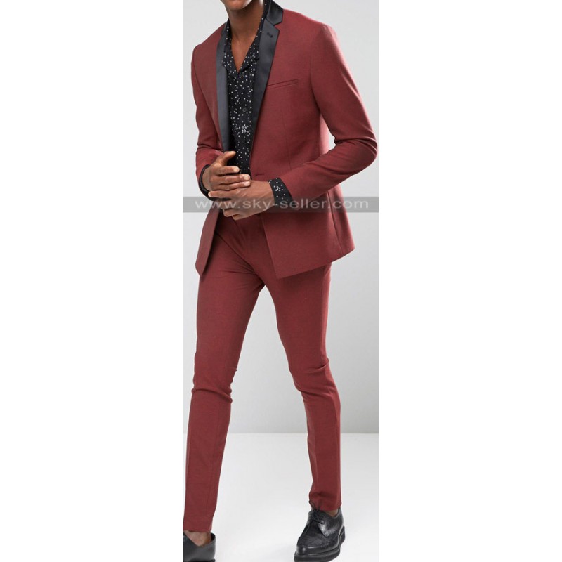 Skinny Fit Dark Red Tuxedo Stretch Suit For Men