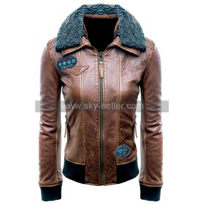 Justice League (Champion of Justice) Womens Fur Collar Brown Bomber Leather Jacket