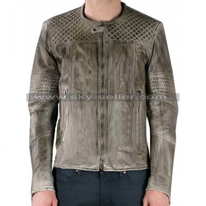 Men's Quilted Grey Slimfit Biker Leather Jacket