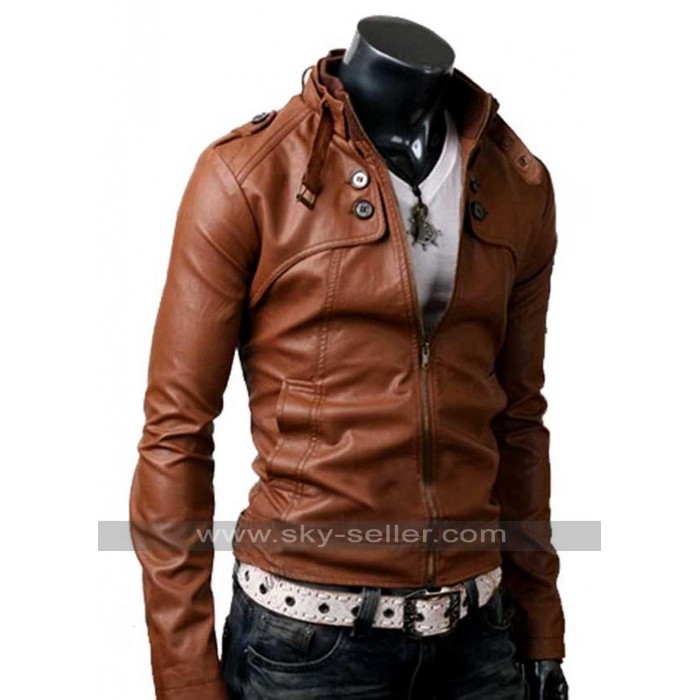 Button Pocket Slim Fit Men Brown Leather Jacket