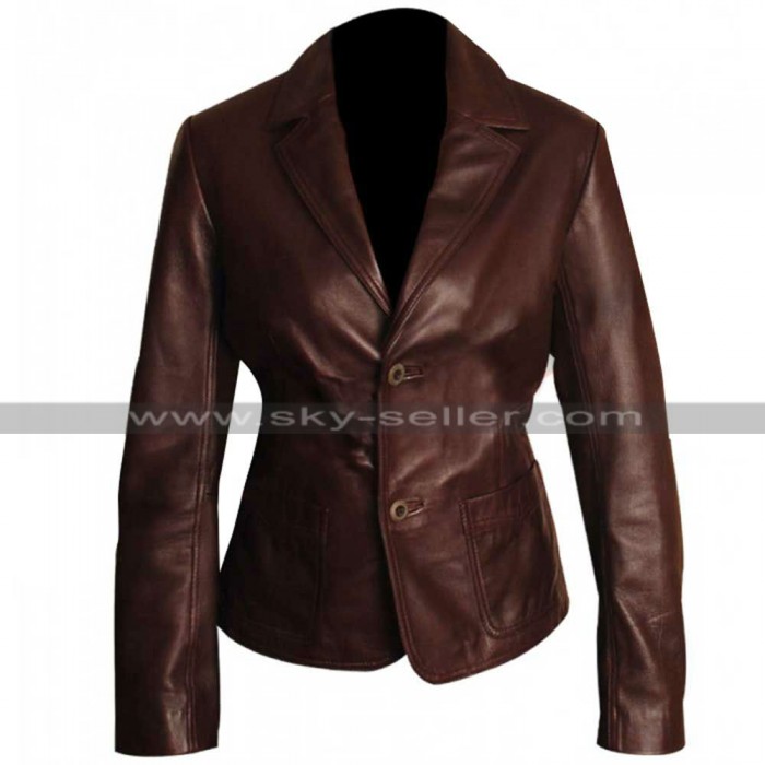 Dark Brown Slim Fit Women Leather Blazer