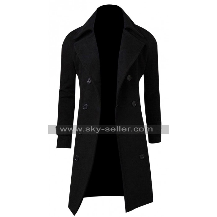 Mens Casual Slim Fit Double Breasted Black Trench Coat