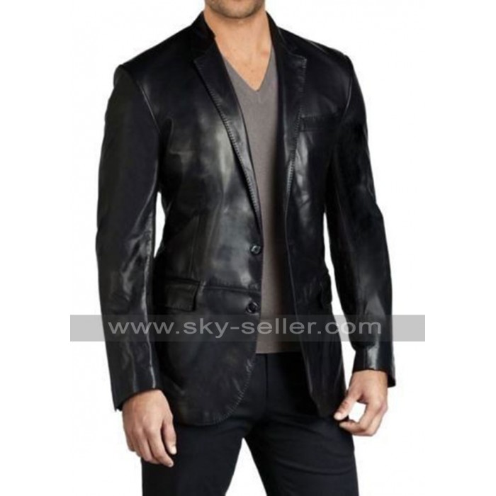 Slim Fit Black Leather Blazer for Mens