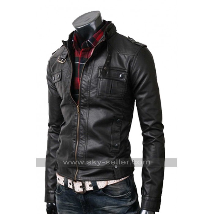 Slim Fit Mens Strap Pocket Real Black Leather Jacket