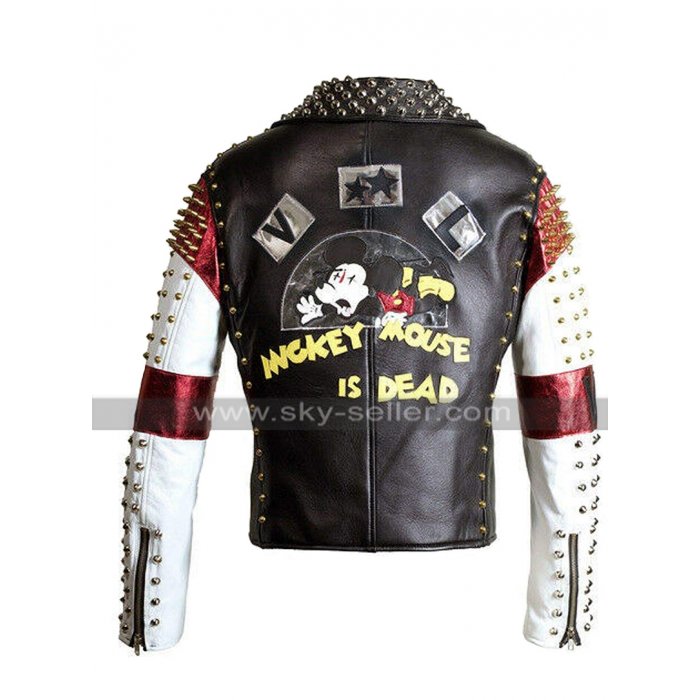 Mens Dead Mickey Mouse Brando Punk Spikes Studded Retro Motorcycle Leather Jacket
