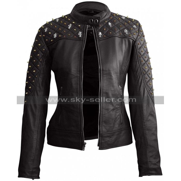 Womens Punk Metal Skull Studded Quilted Biker Black Motorcycle Leather Jacket