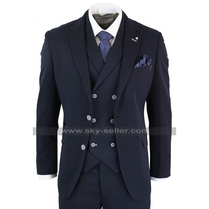 Mens 1920s Vintage Style Notch Lapel Collar Navy 3 Piece Suit