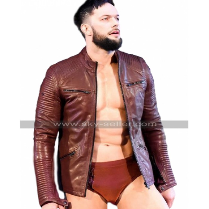 WWE RAW Wrestler Finn Balor Quilted Biker Maroon Leather Jacket