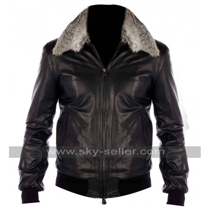 Black Nappa Leather Real Fur Collar Bomber Jacket