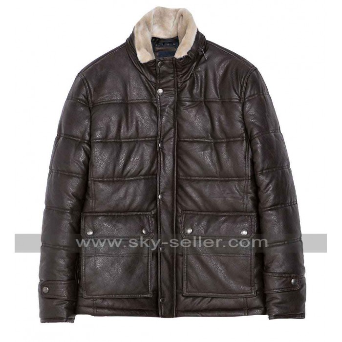 Mens Winter Fur Collar Brown Leather Jacket