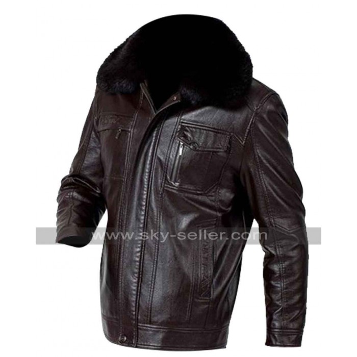 Real Fur Collar Brown Faux Leather Jacket