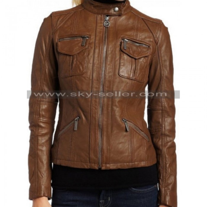 Women's Dark Brown Zipper Slim Fit Leather Jacket