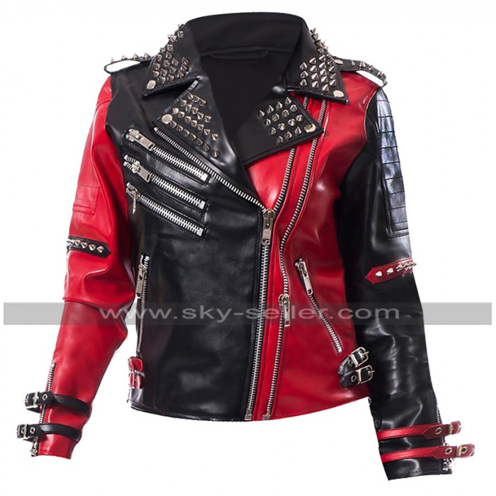 Harley Quinn Heartless Asylum Studded Red and Black Biker Leather Jacket