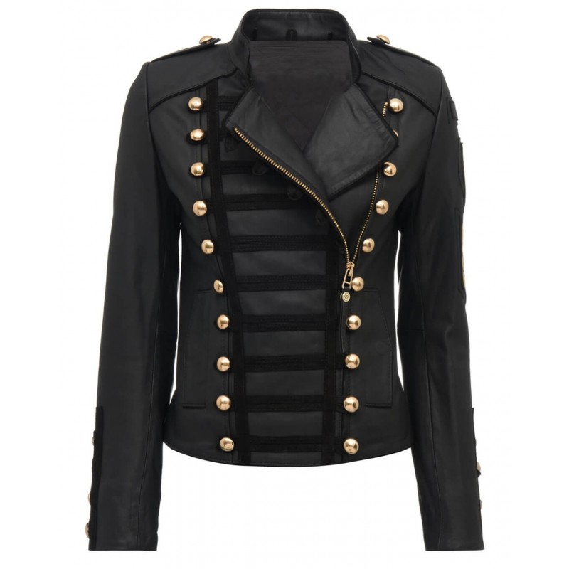 Women Napoleon Military Style Slim Fit Leather Jacket