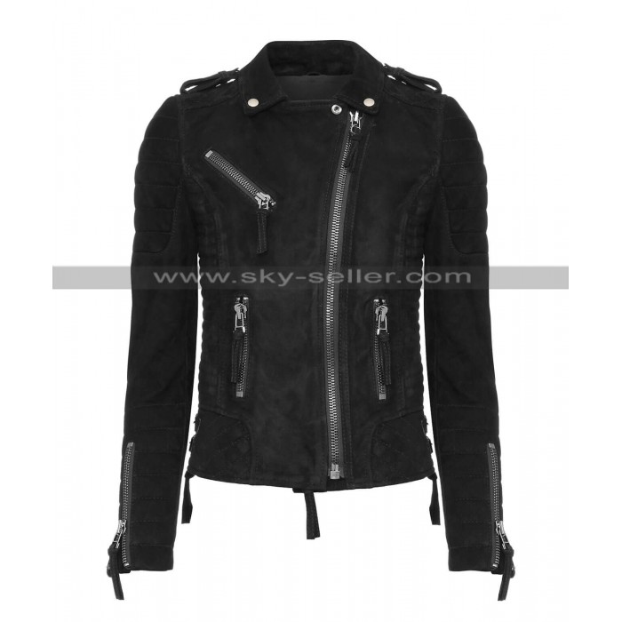 Women Slim Fit Motorcycle Black Suede Leather Jacket