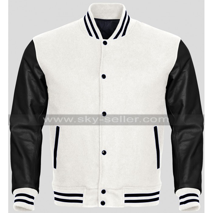 Men Black And White Varsity Bomber Letterman Jacket