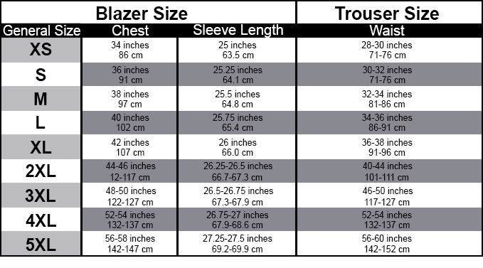 Mens Blazer Size Chart