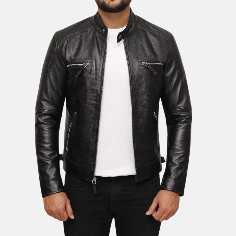 Men's Quilted Cafe Racer Black Leather Jacket