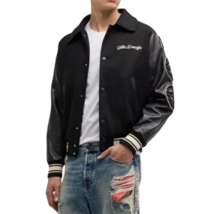 Mens Black Wool College Bomber Jacket with Leather Sleeves