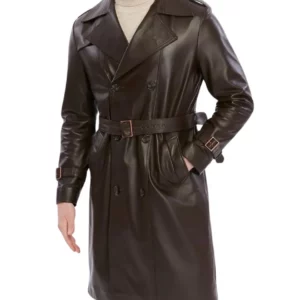 Men's Double Breasted Brown Trench Leather Coat