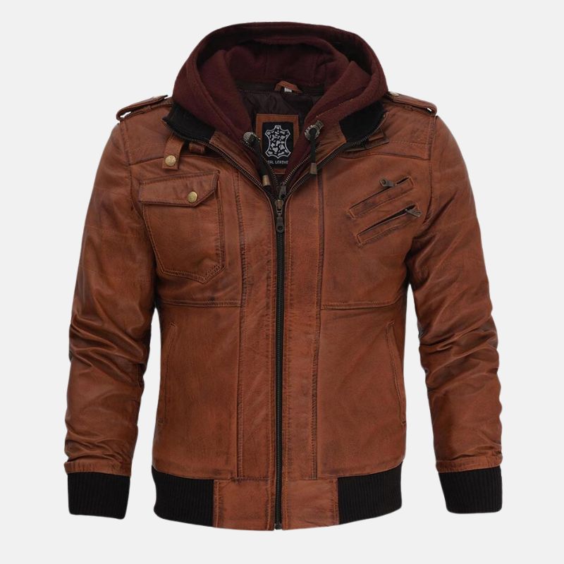Mens Brown Bomber Leather Jacket With Removable Hood