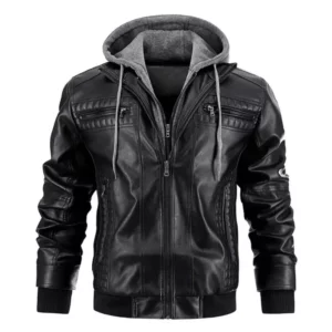 Men's Distressed Black Leather Jacket with Removable Hood