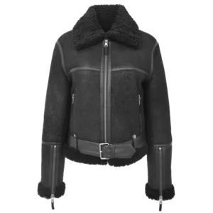 Women's Sheepskin Belted Black Leather Aviator Jacket