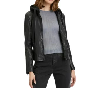 Black Cafe Racer Womens Hooded Leather Jacket