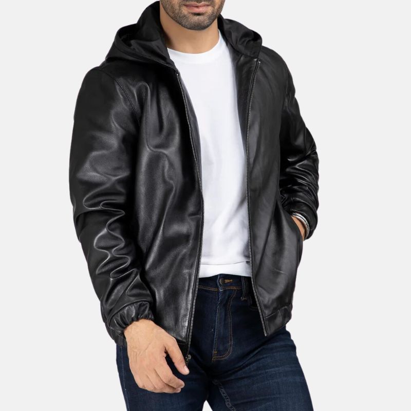 Black Mens Leather Jacket With Hood