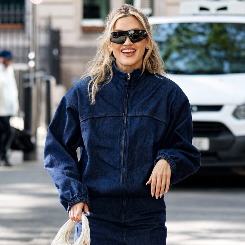 Heart Breakfast Radio Studios Ashley Roberts Blue Jacket front view